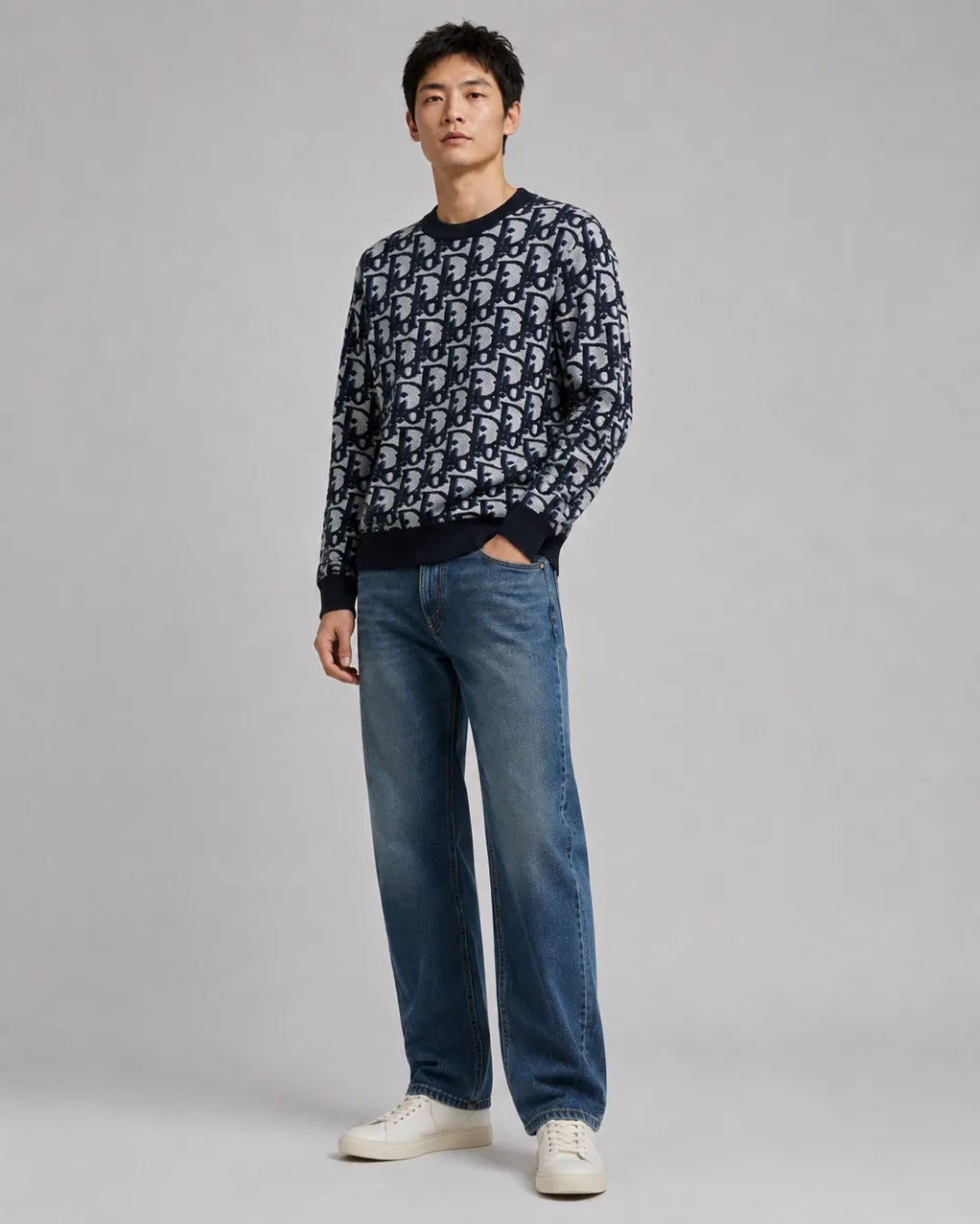 Dior/Dior Full Print Cotton Wool Blend Jacquard Knit Sweater
