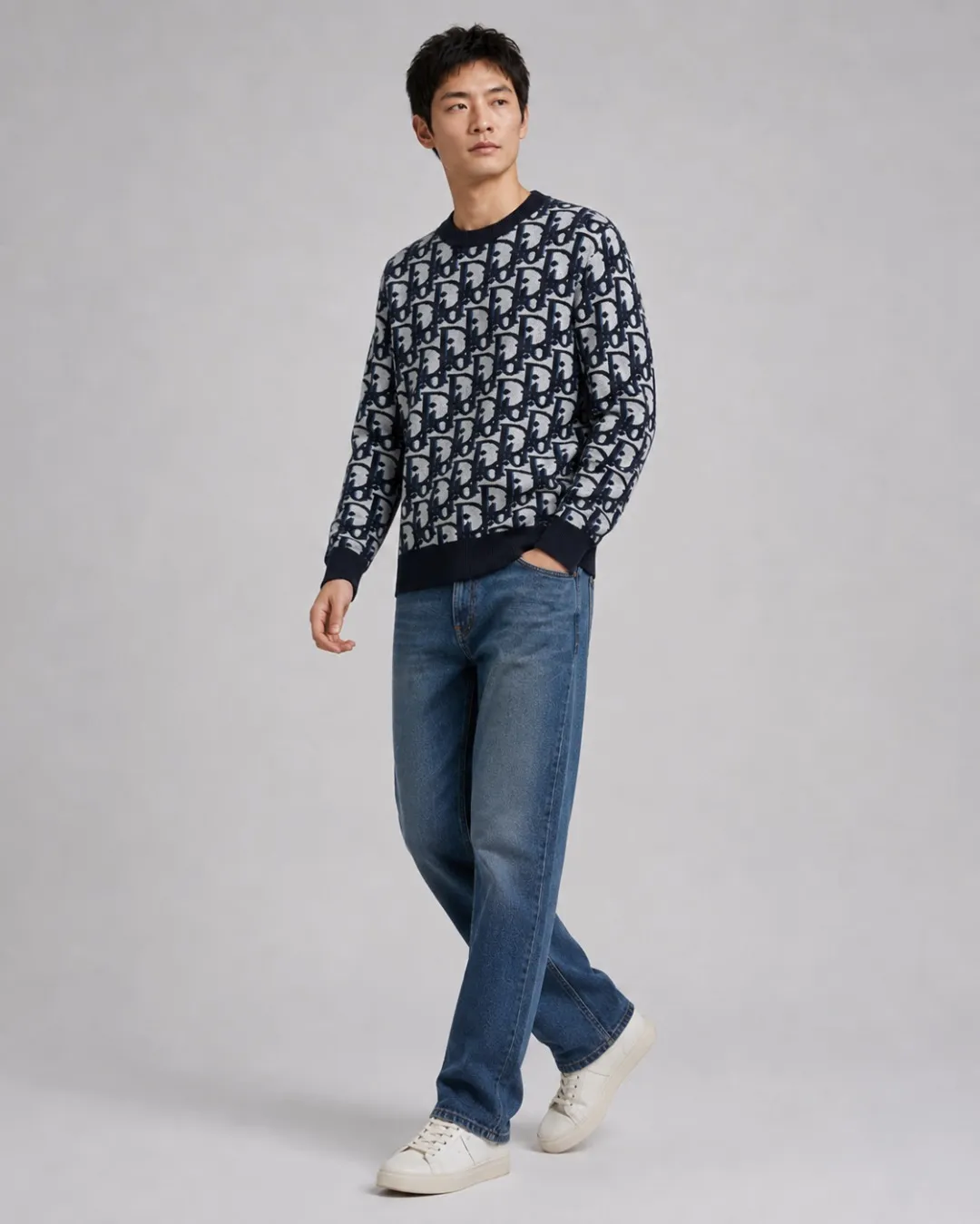 Dior/Dior Full Print Cotton Wool Blend Jacquard Knit Sweater