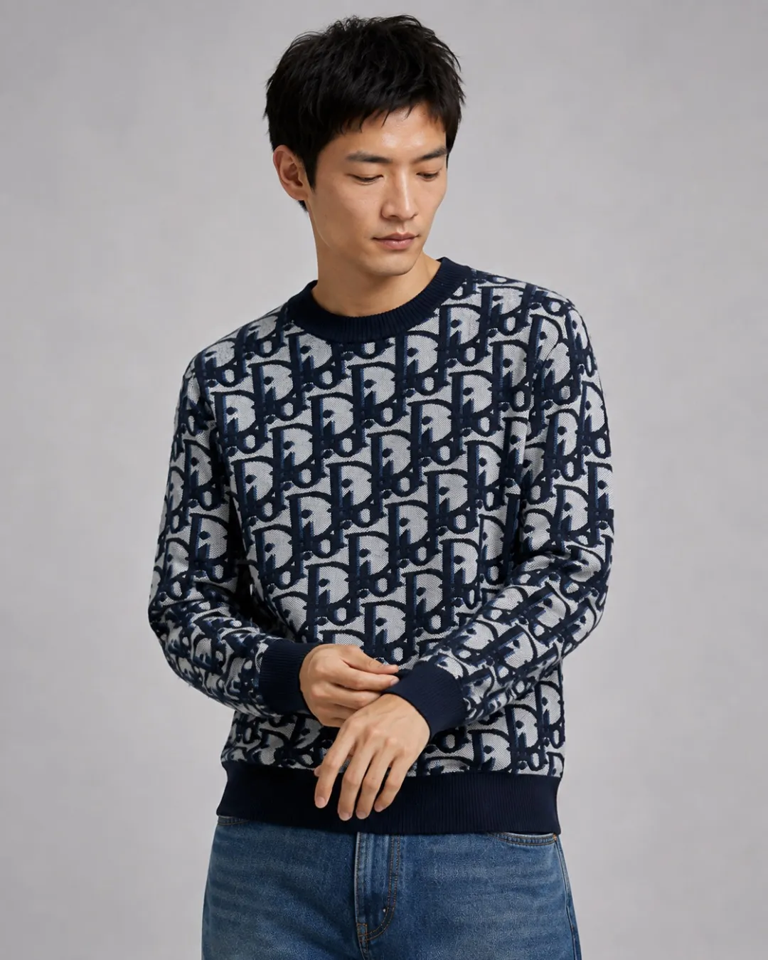 Dior/Dior Full Print Cotton Wool Blend Jacquard Knit Sweater
