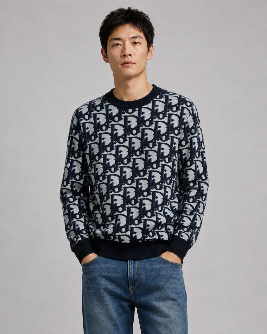 Dior/Dior Full Print Cotton Wool Blend Jacquard Knit Sweater