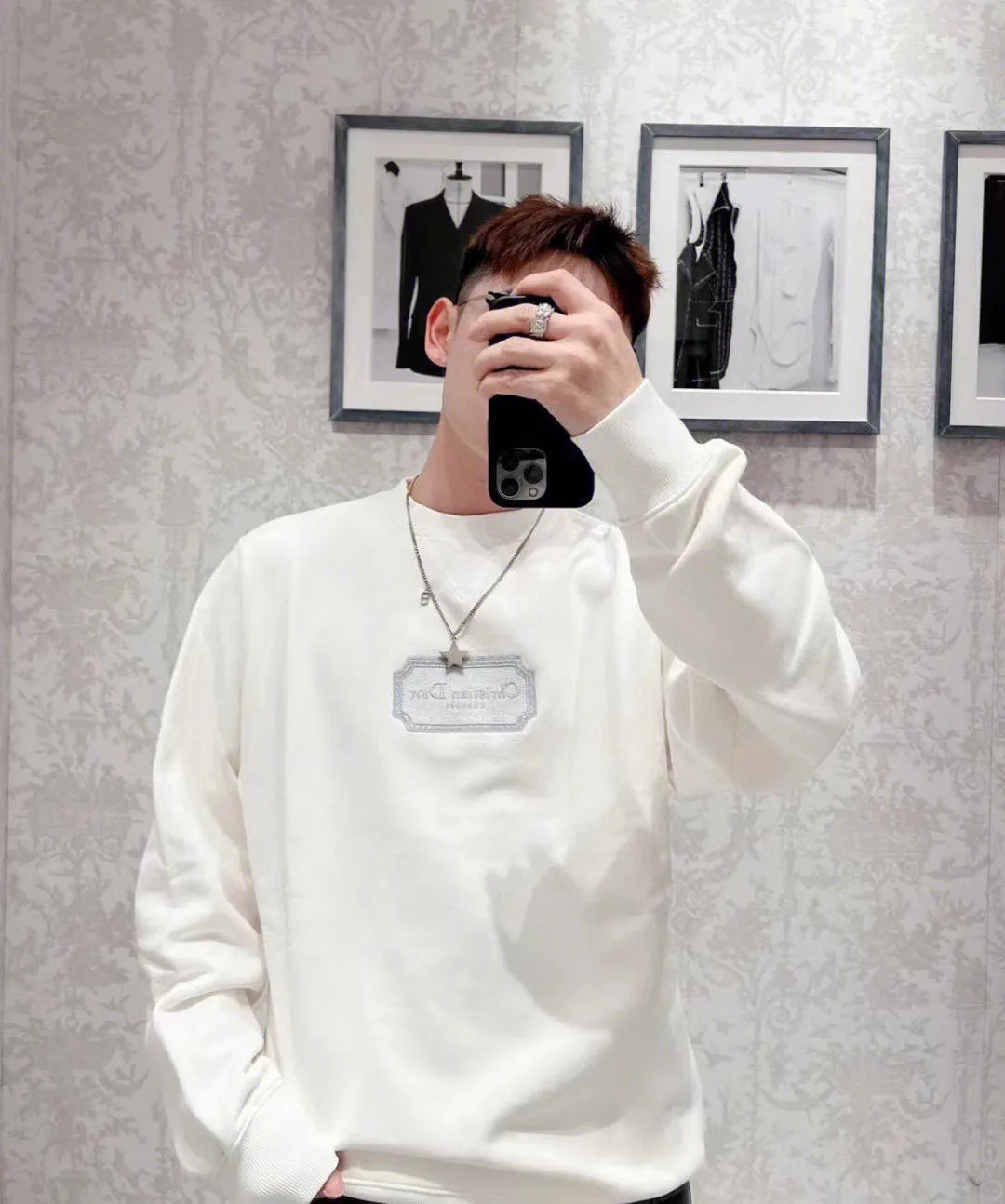Dior/Dior 22Fw silver embroidered logo crewneck sweatshirt