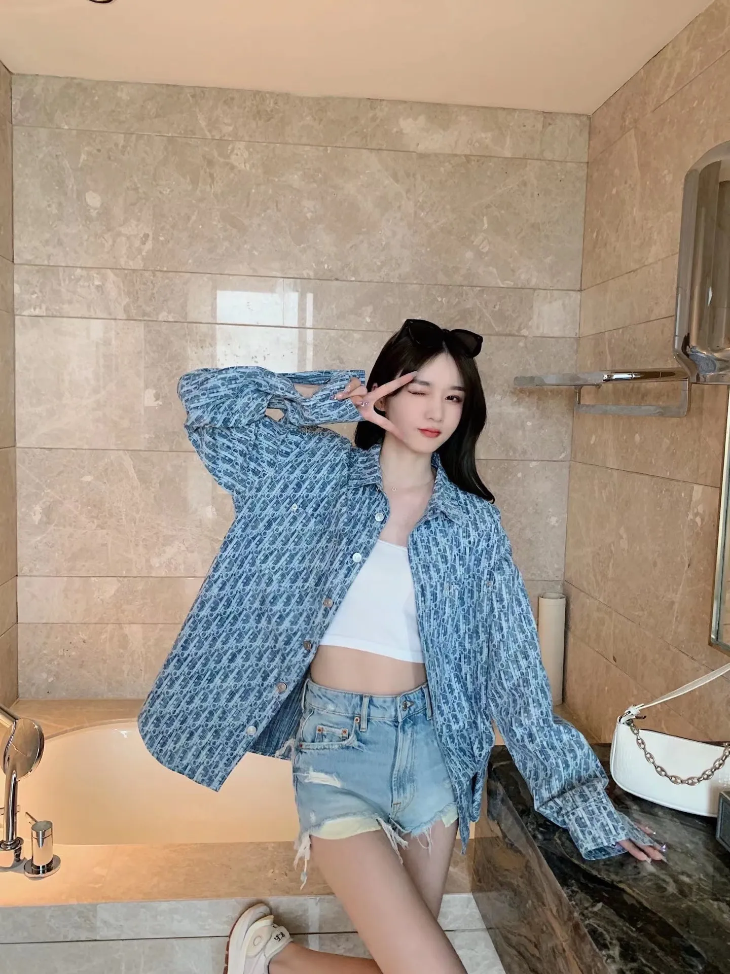 Dior/Dior 22ss Classic all-over printed presbyopic denim shirt jacket