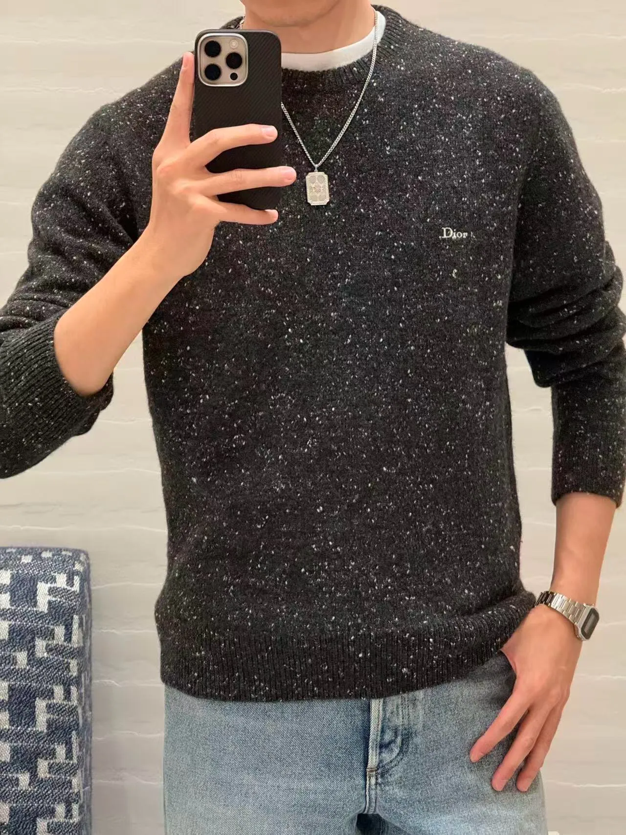 Dior/Dior Letter embroidered mottled crewneck sweater