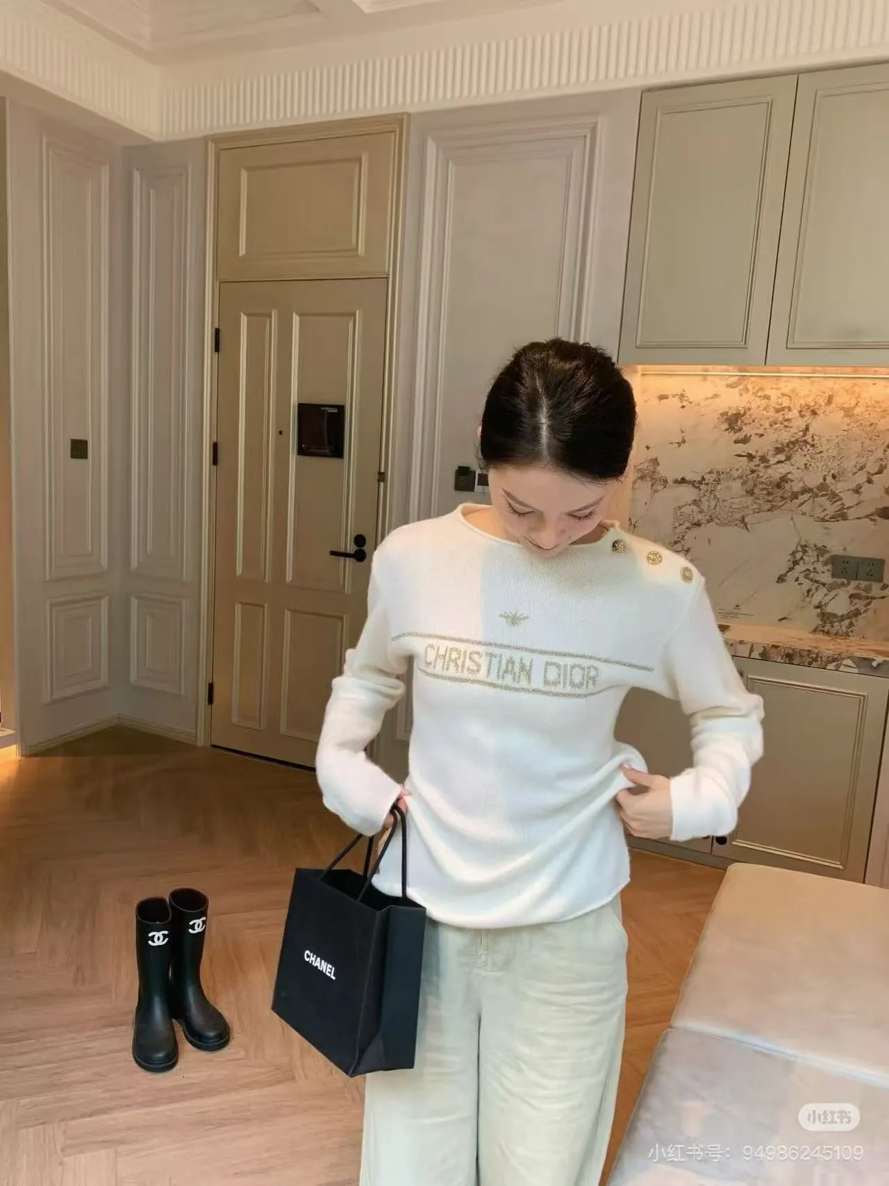 Dior/Dior Bee Embroidered Letter Jacquard Shoulder Buckle Sweater