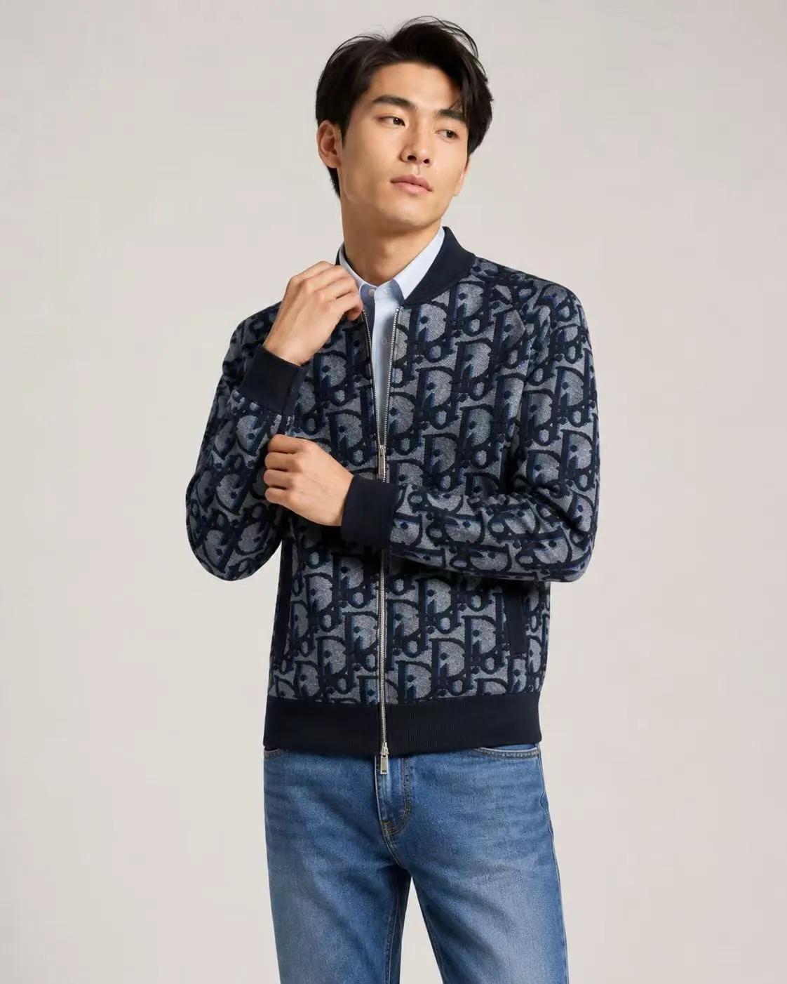 Dior/Dior Large Floral Jacquard Zip Knit Cardigan Jacket
