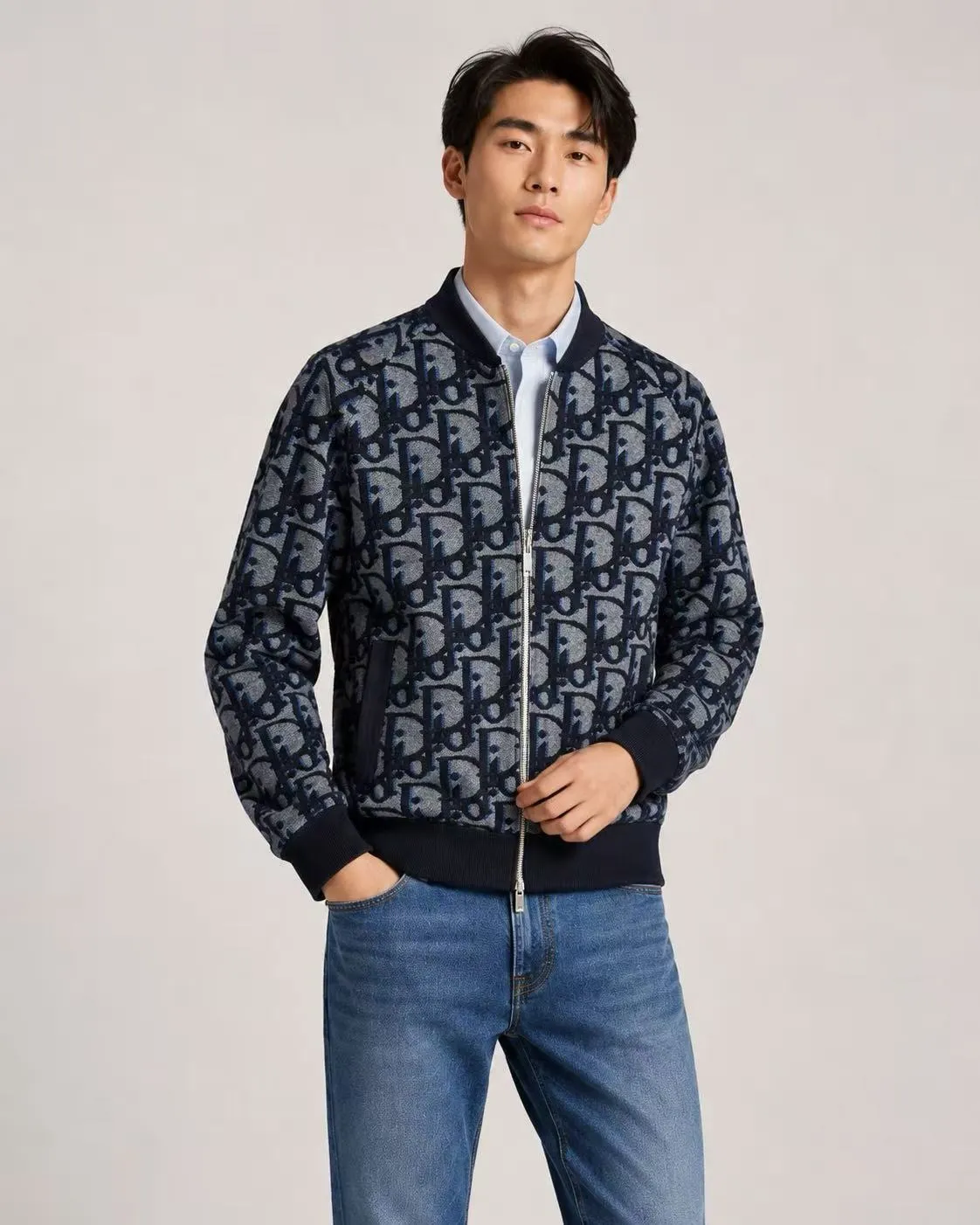 Dior/Dior Large Floral Jacquard Zip Knit Cardigan Jacket