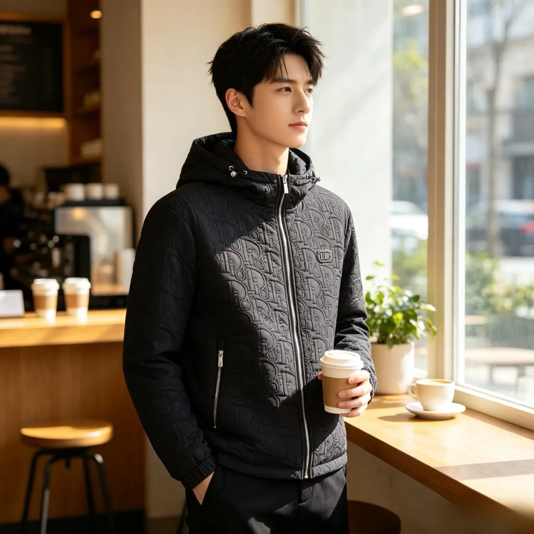 Dior/Dior embossed quilted embossed chest CD hooded zipper jacket
