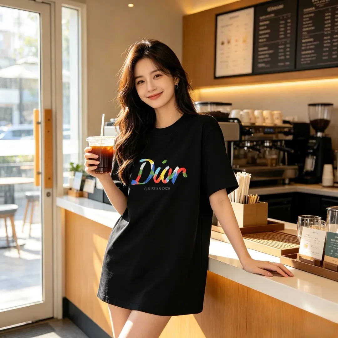 Dior/Dior color oil painting hand-painted signature embossed short sleeves