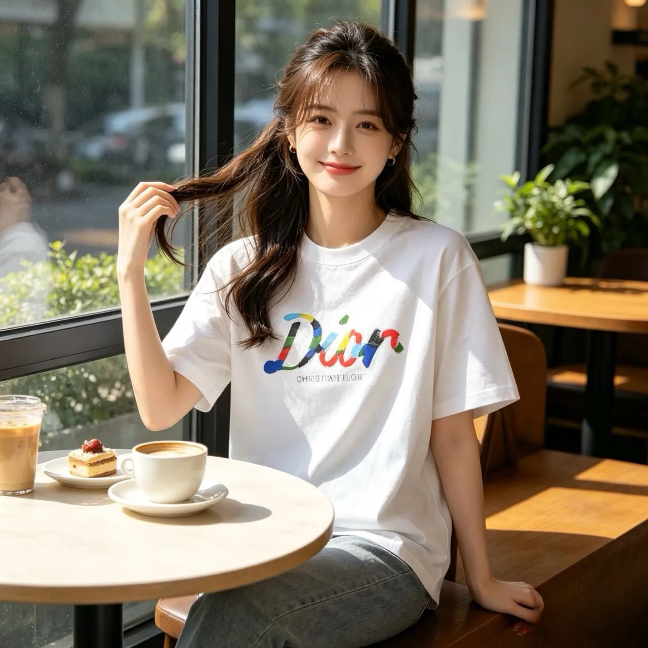 Dior/Dior color oil painting hand-painted signature embossed short sleeves