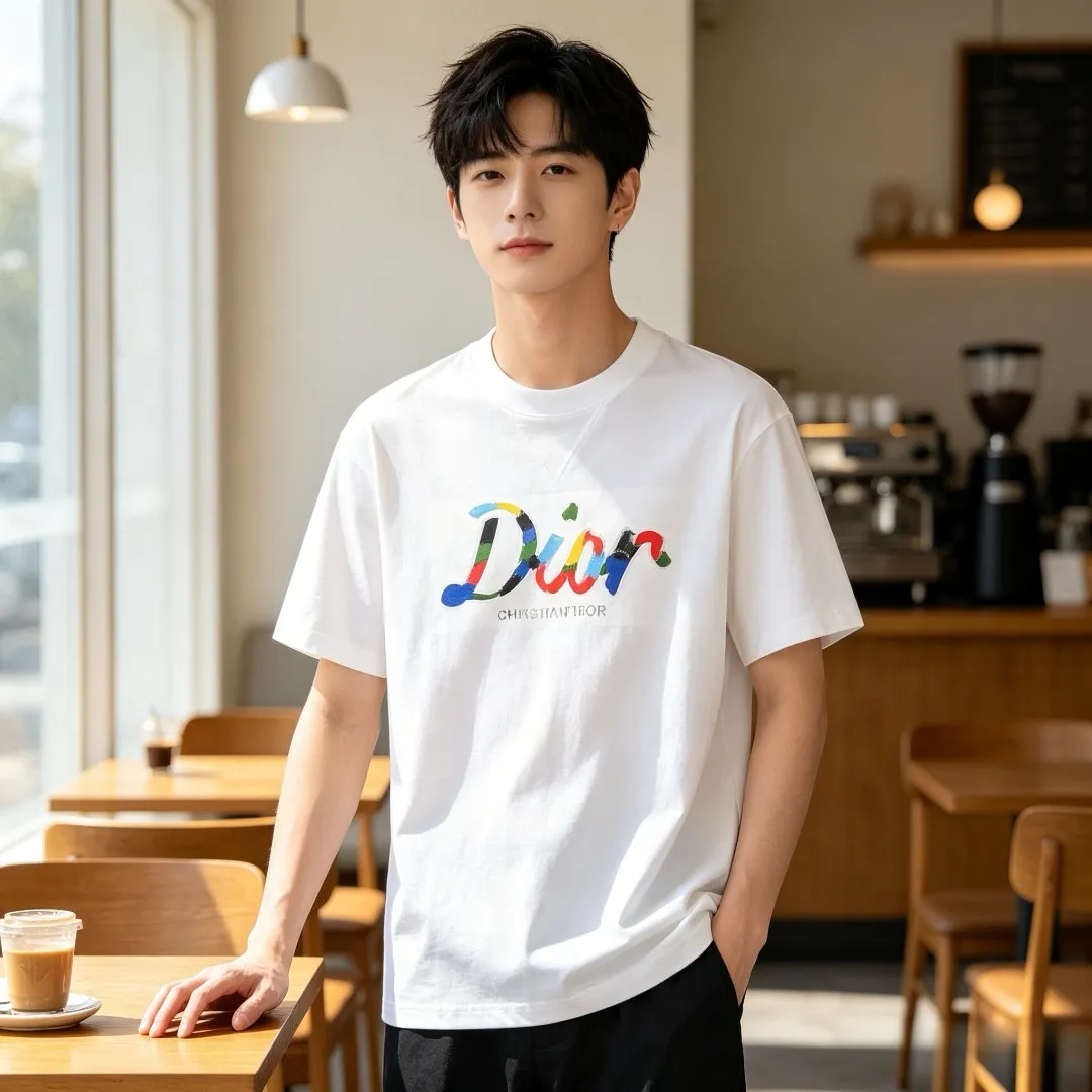 Dior/Dior color oil painting hand-painted signature embossed short sleeves