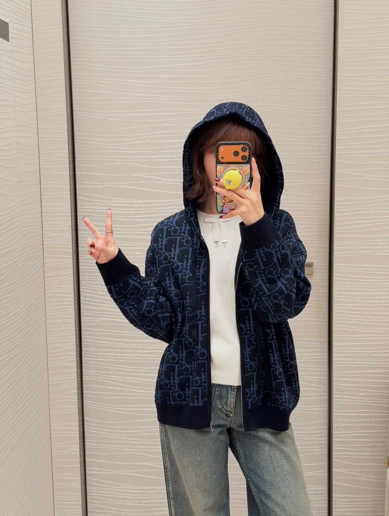 Dior/Dior old flower all over printed jacquard knitted zipper hooded jacket