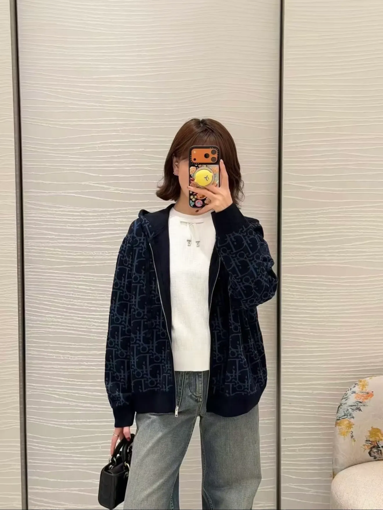 Dior/Dior old flower all over printed jacquard knitted zipper hooded jacket