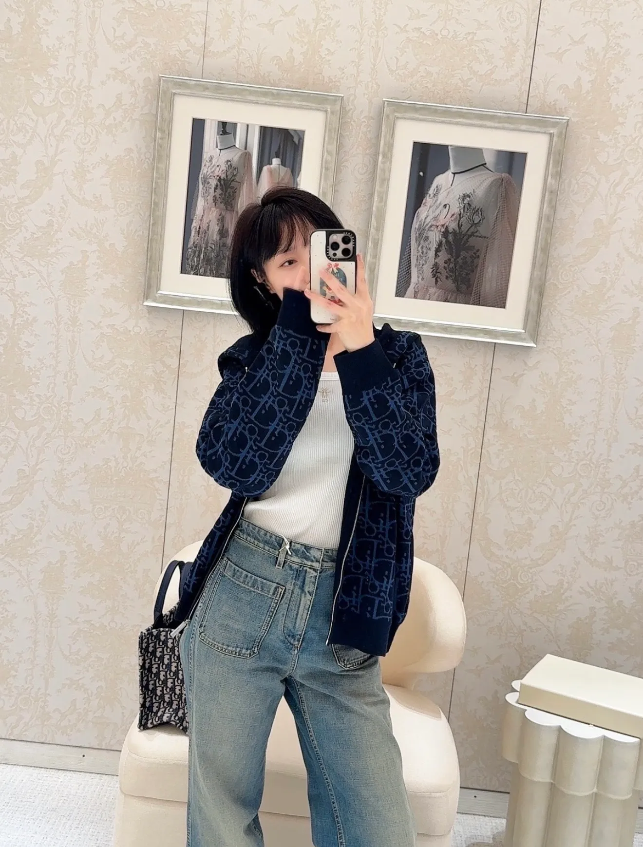Dior/Dior old flower all over printed jacquard knitted zipper hooded jacket