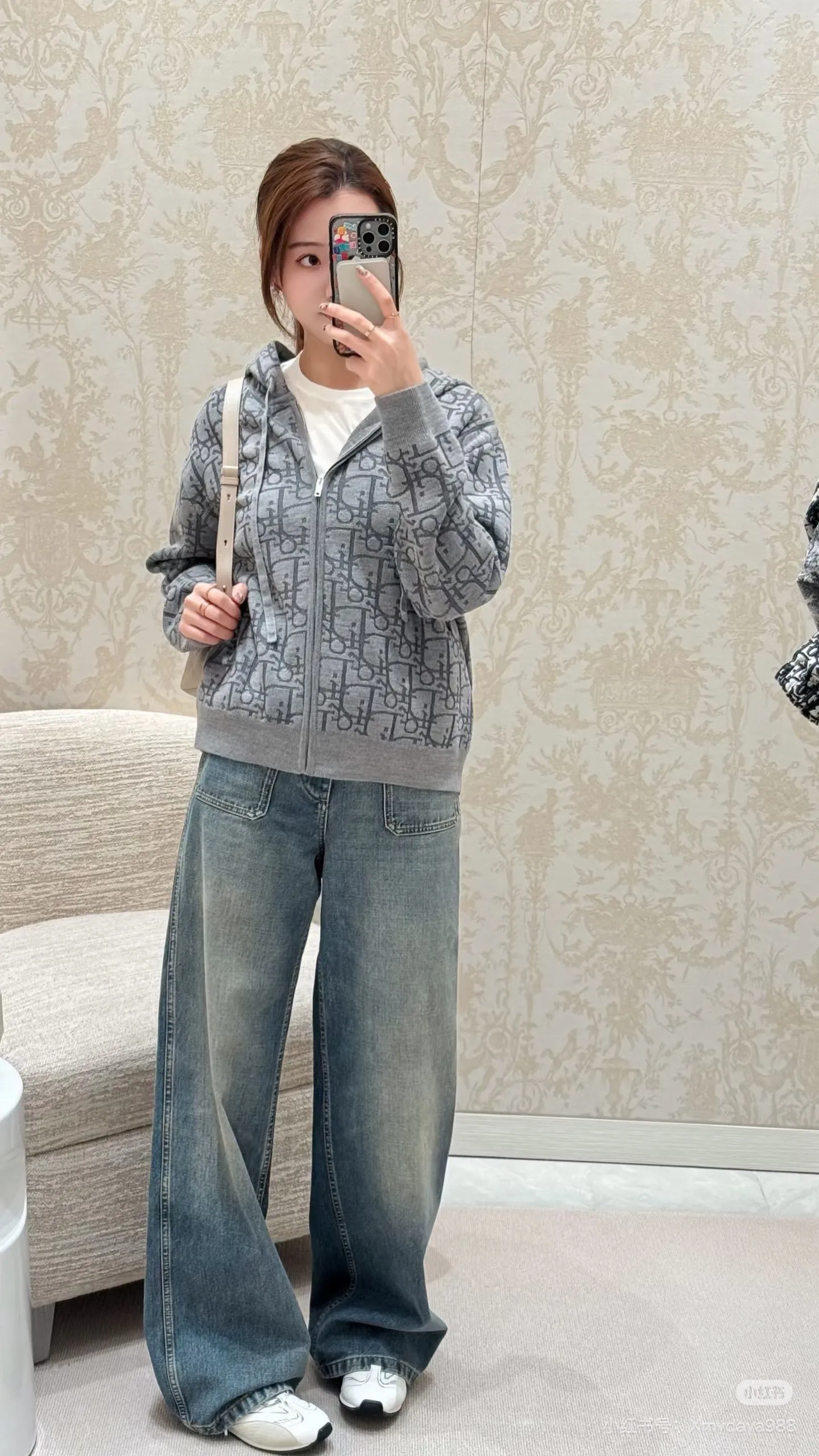 Dior/Dior old flower all over printed jacquard knitted zipper hooded jacket
