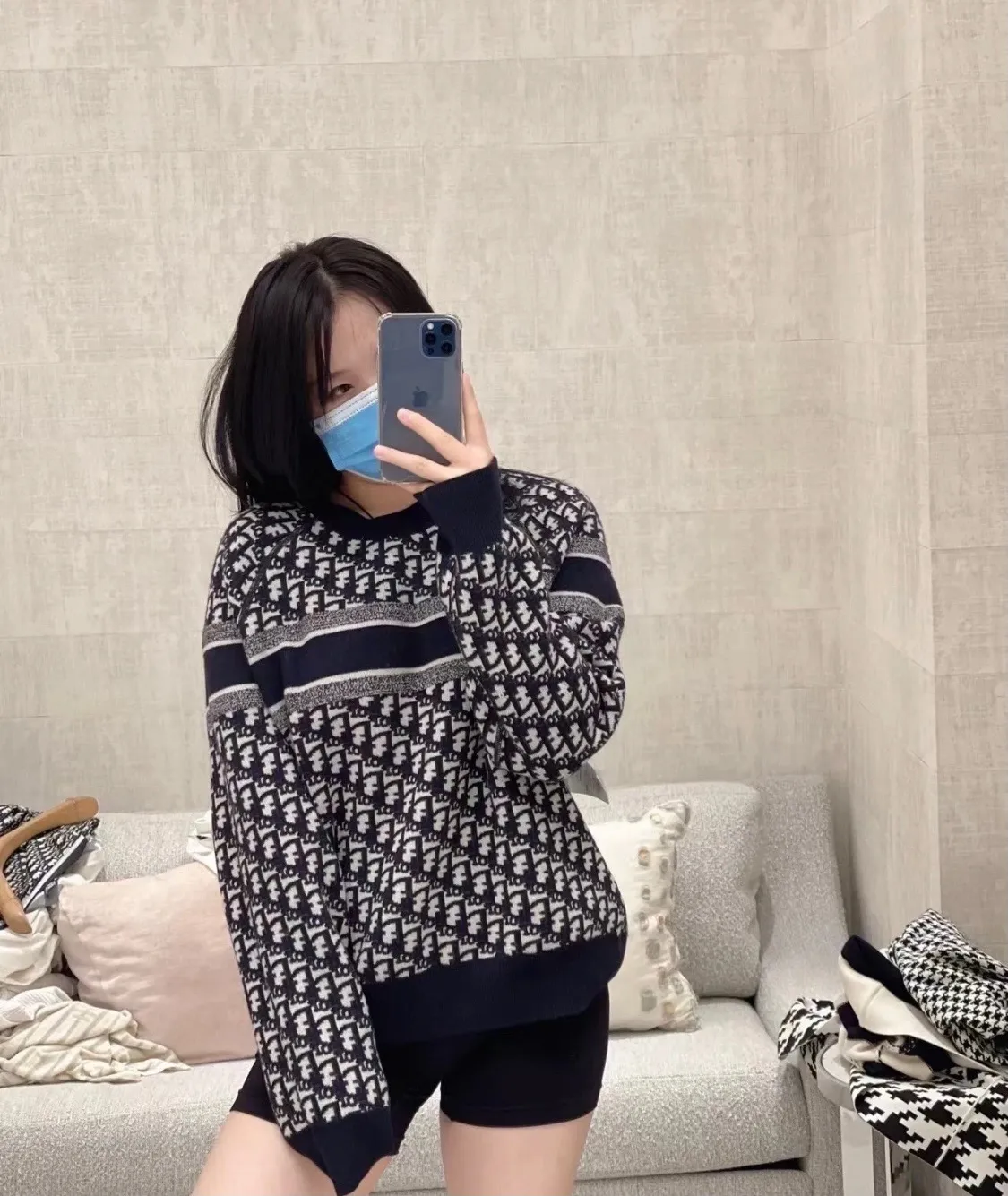 Dior/Dior 23Fw Oblique old flower jacquard knitted cashmere double-sided crew neck sweater