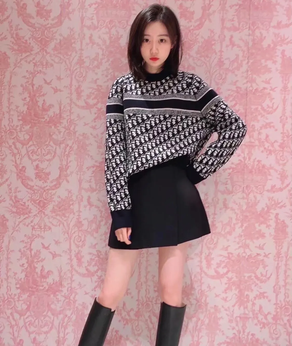 Dior/Dior 23Fw Oblique old flower jacquard knitted cashmere double-sided crew neck sweater