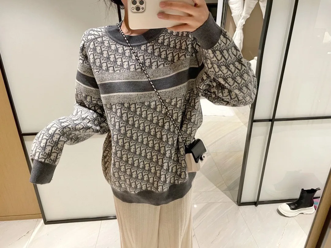 Dior/Dior 23Fw Oblique old flower jacquard knitted cashmere double-sided crew neck sweater
