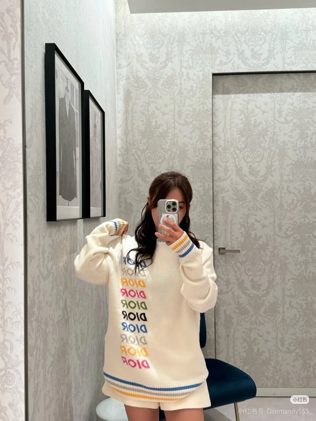 Dior/Dior rainbow letter logo jacquard striped crew neck sweater