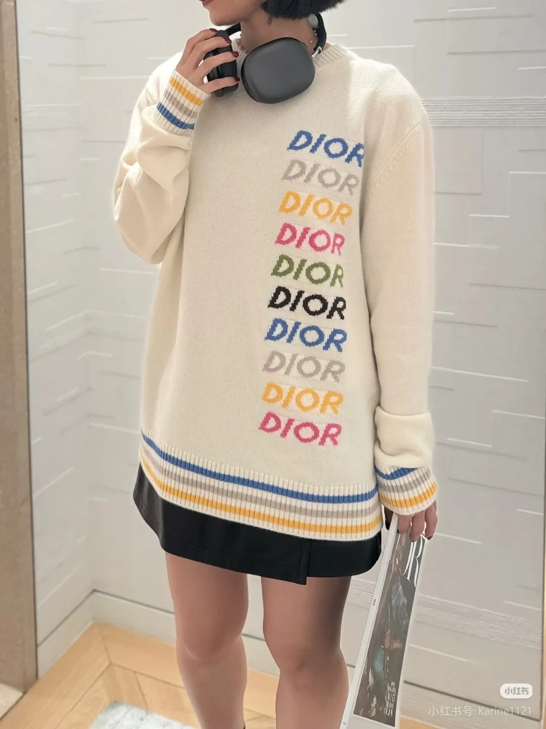 Dior/Dior rainbow letter logo jacquard striped crew neck sweater
