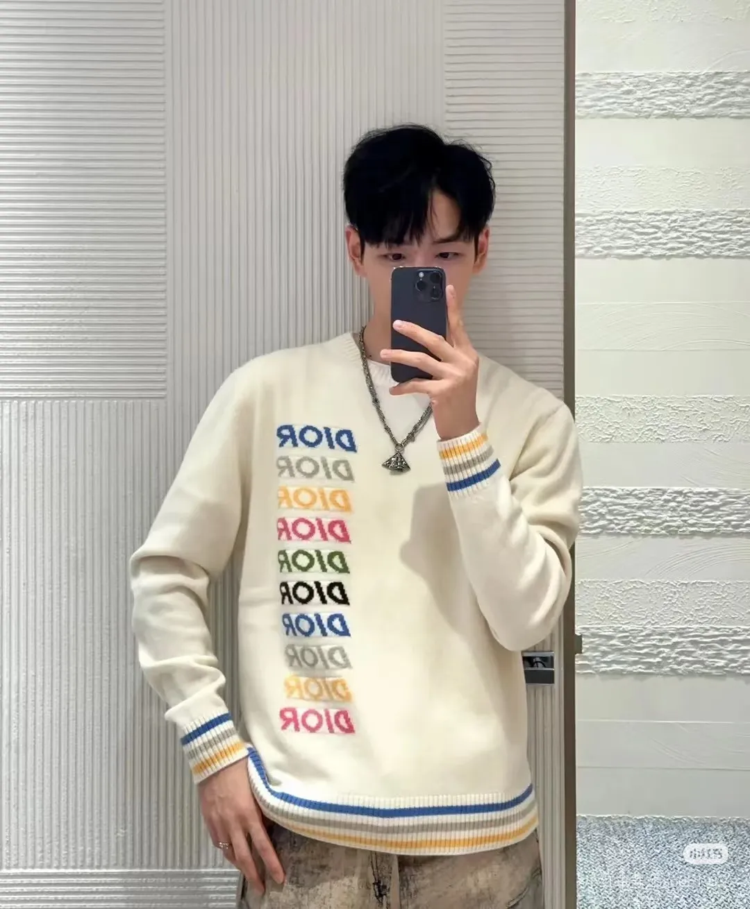 Dior/Dior rainbow letter logo jacquard striped crew neck sweater
