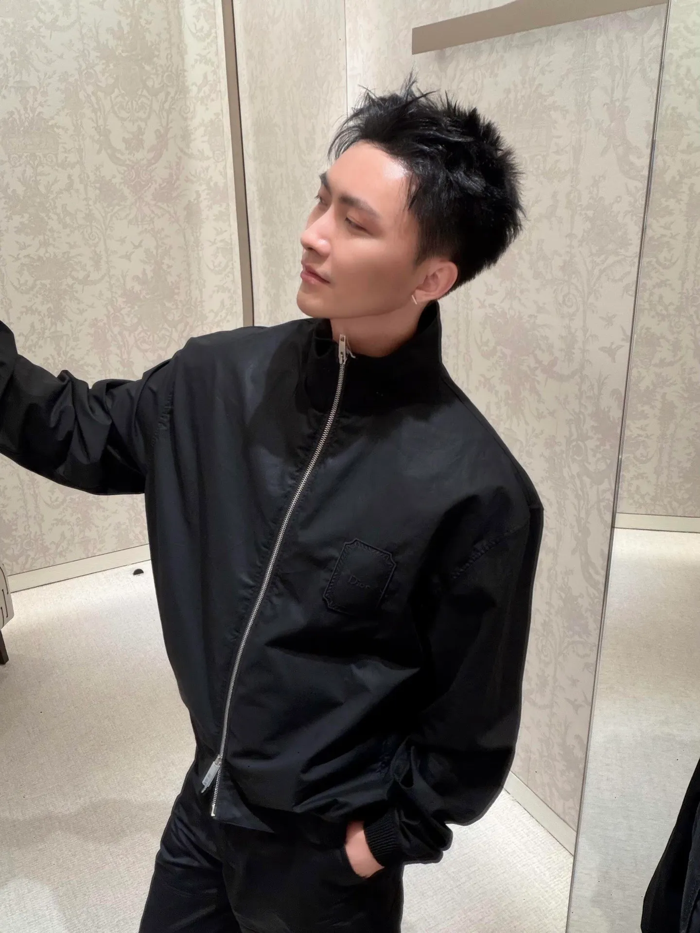 Dior/Dior Medaillon badge square embroidered zipper stand collar jacket
