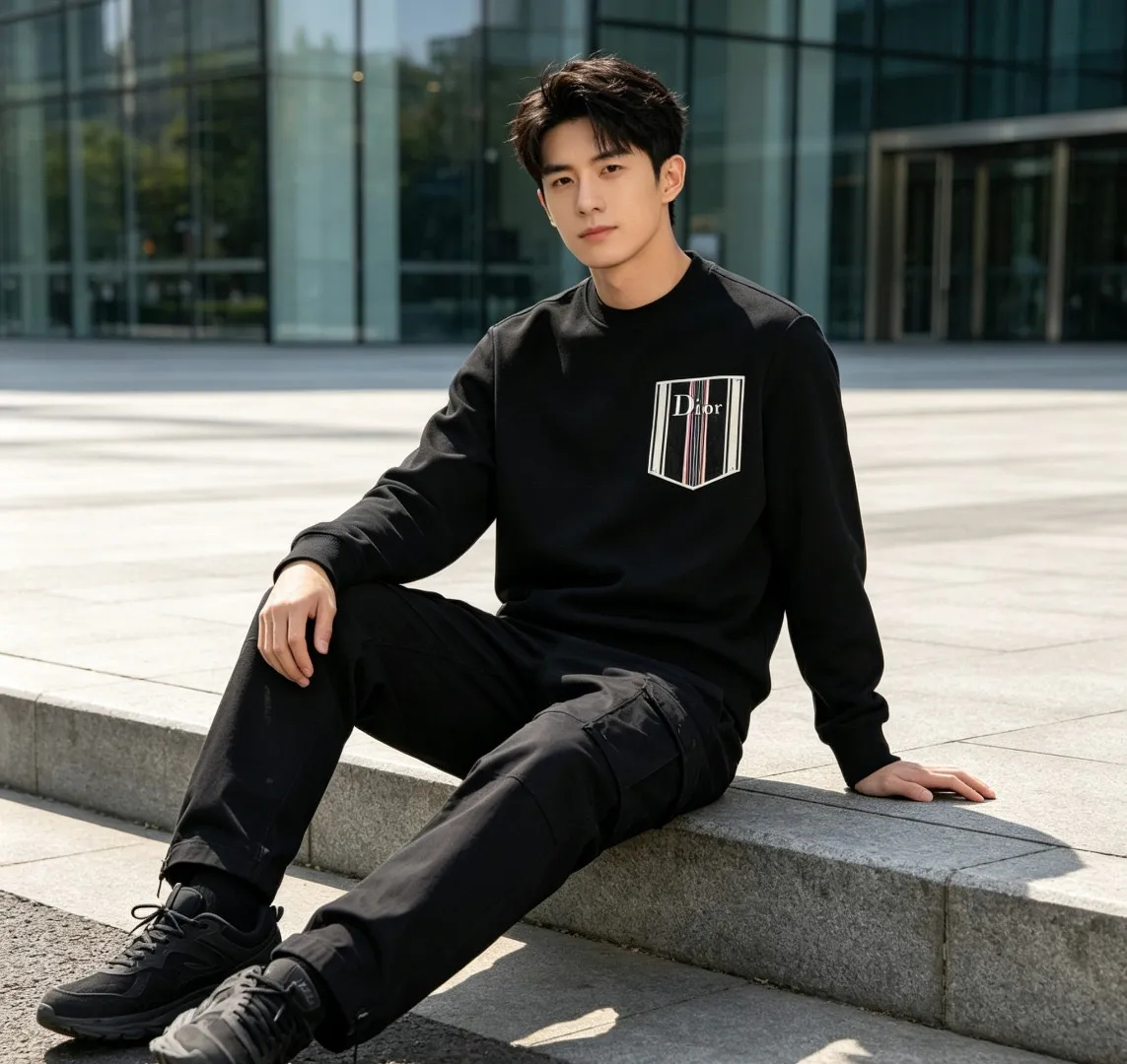 Dior/Dior Floral Striped Fake Pocket Crew Neck Sweatshirt
