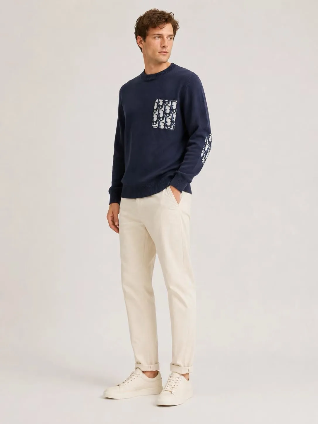 Dior/Dior pockets full print jacquard cotton knit crewneck sweater