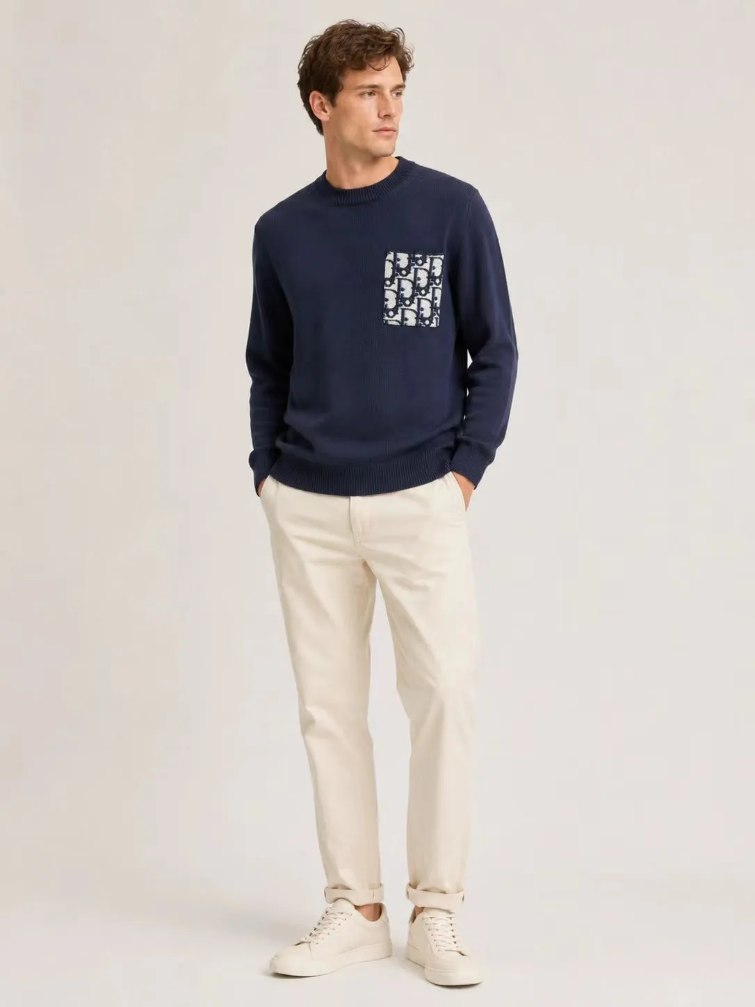 Dior/Dior pockets full print jacquard cotton knit crewneck sweater