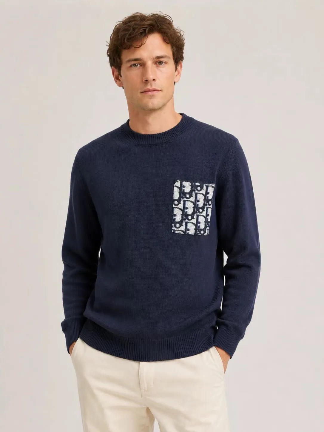 Dior/Dior pockets full print jacquard cotton knit crewneck sweater