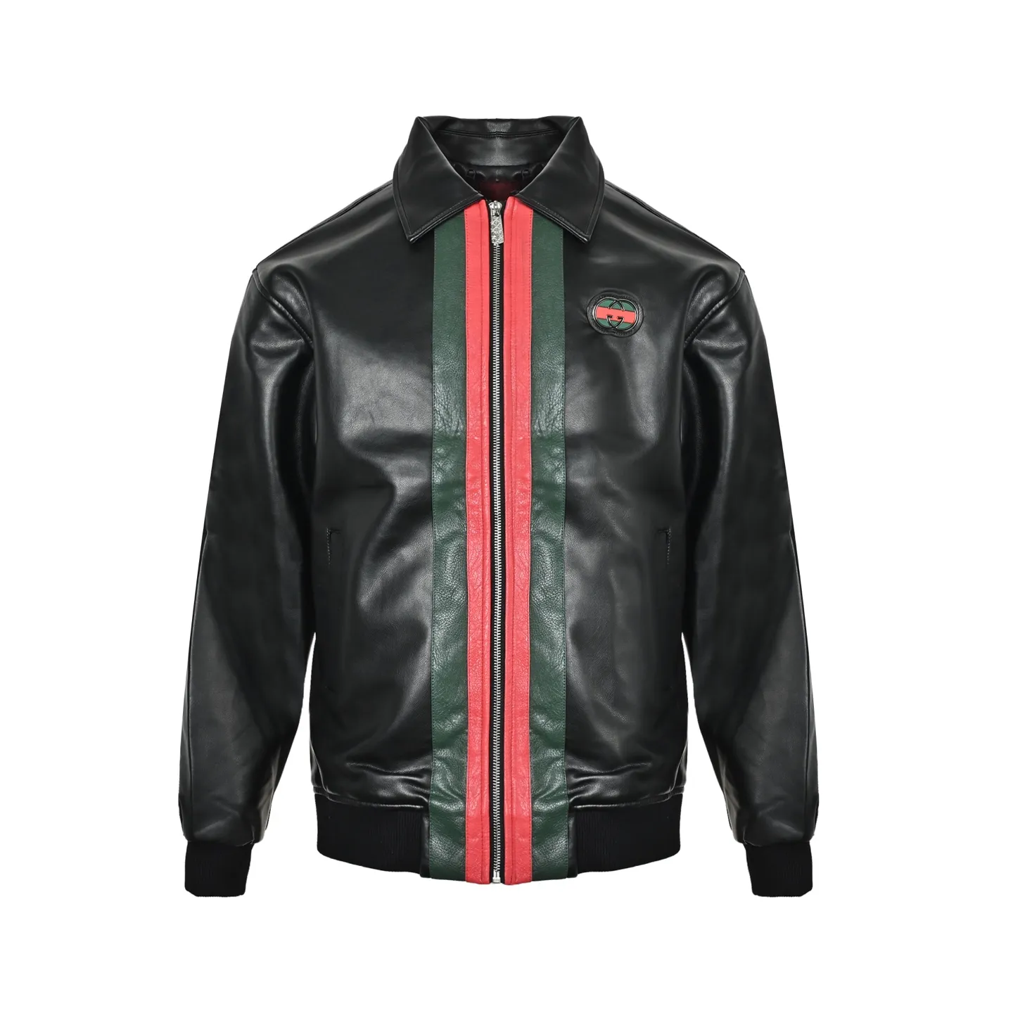 Gucci/Gucci Classic red and green webbing lapel leather jacket