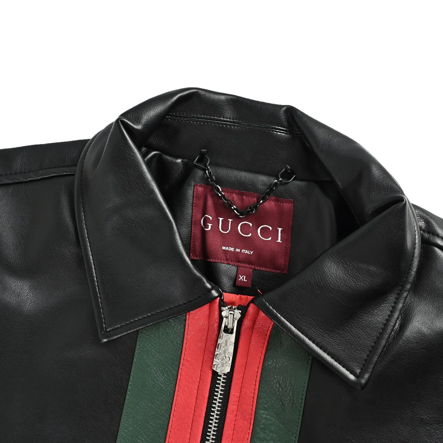 Gucci/Gucci Classic red and green webbing lapel leather jacket