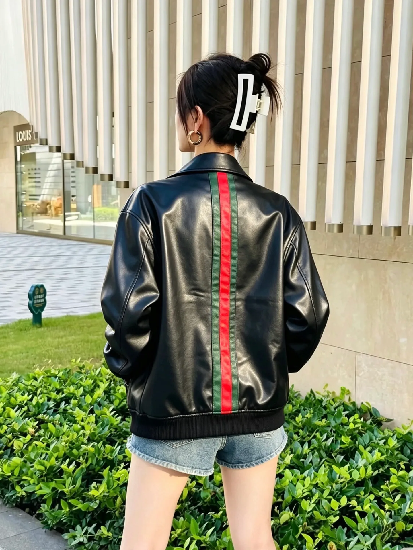 Gucci/Gucci Classic red and green webbing lapel leather jacket
