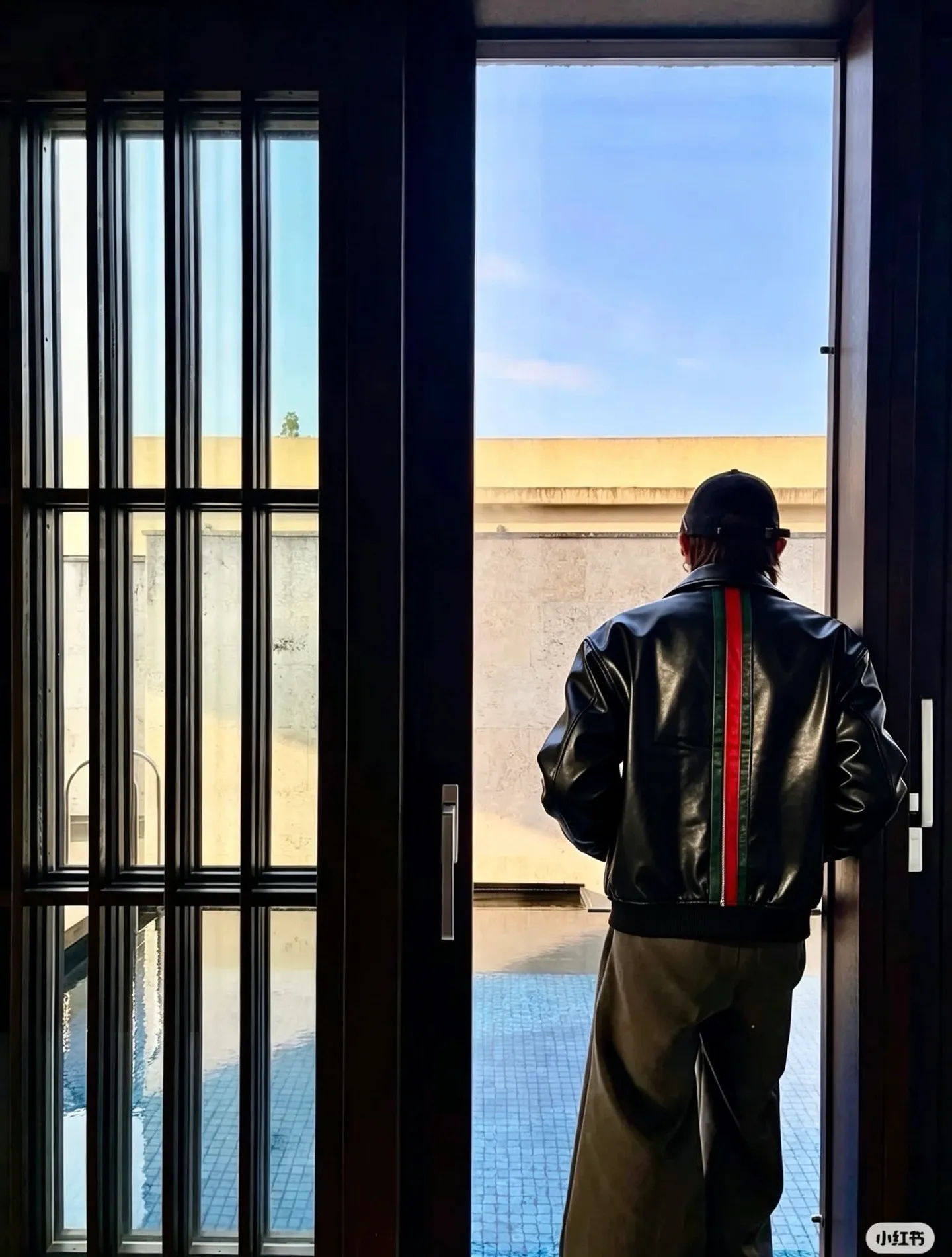 Gucci/Gucci Classic red and green webbing lapel leather jacket