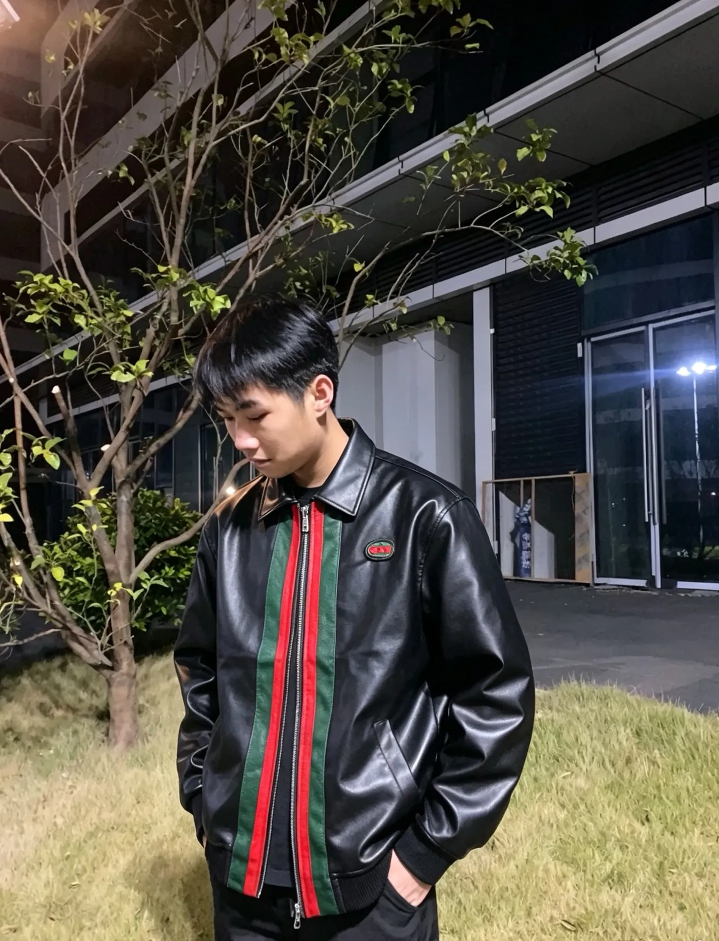 Gucci/Gucci Classic red and green webbing lapel leather jacket