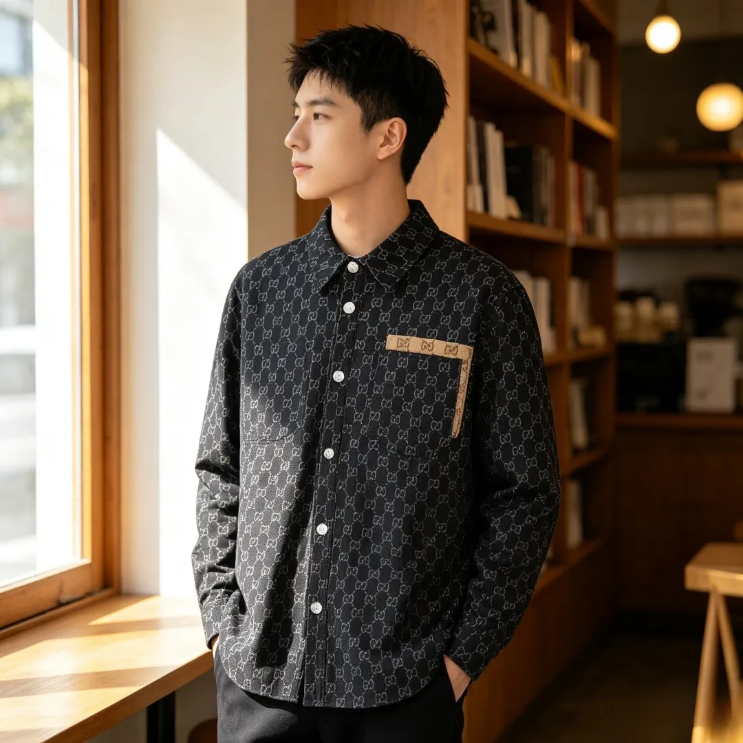 Gucci/Gucci Retro jacquard contrast pocket long-sleeved shirt jacket