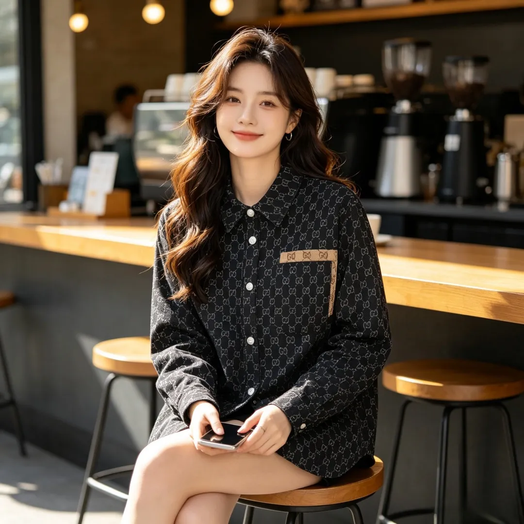 Gucci/Gucci Retro jacquard contrast pocket long-sleeved shirt jacket