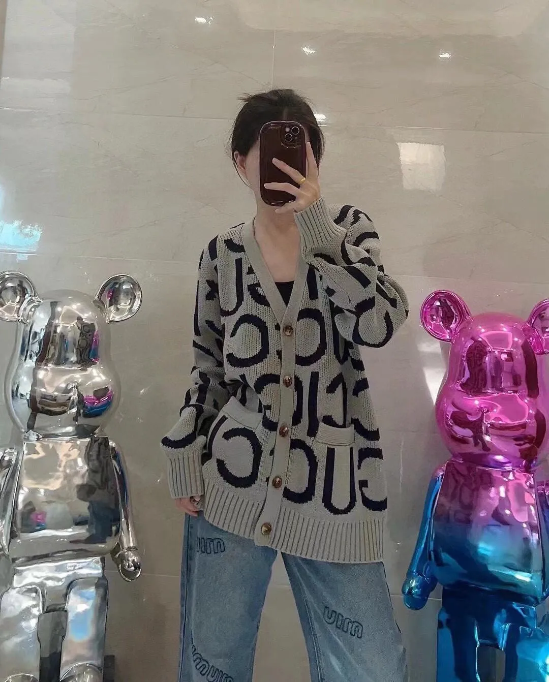 Gucci/Gucci intarsia letter all over printed cardigan sweater