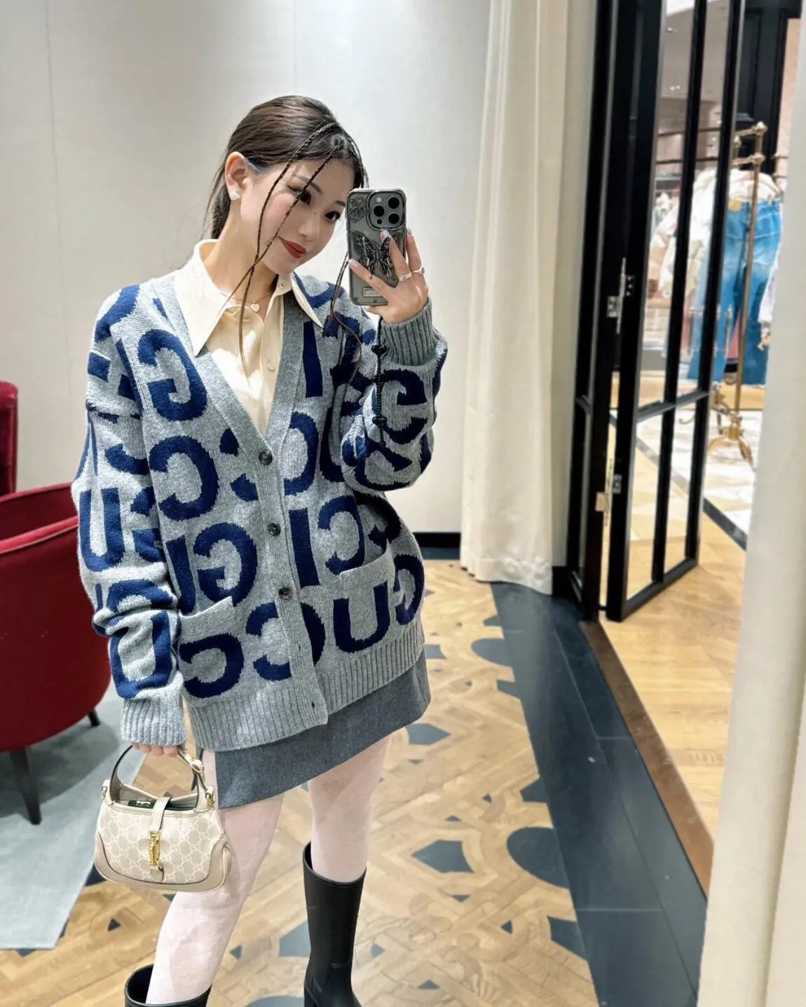 Gucci/Gucci intarsia letter all over printed cardigan sweater