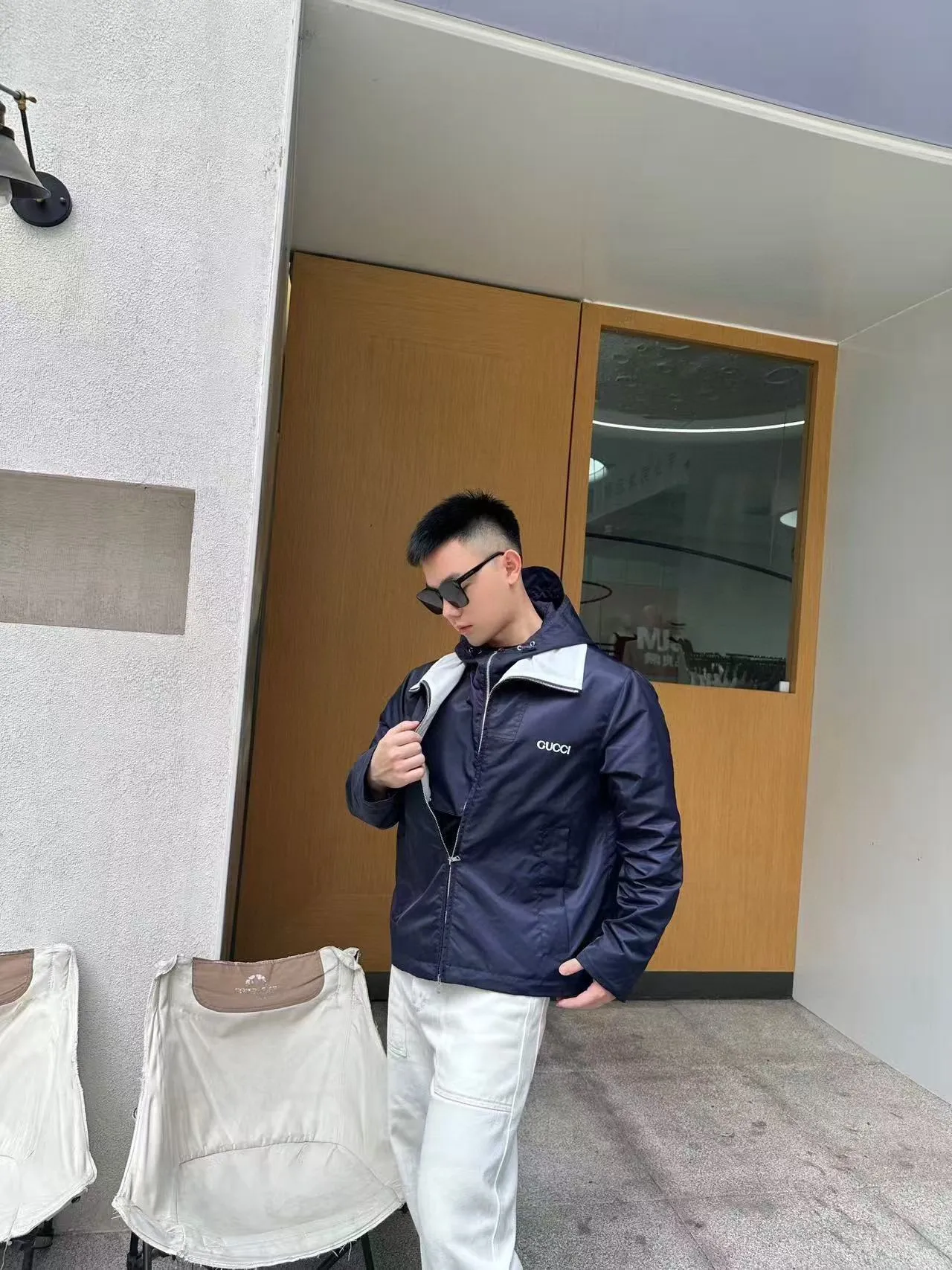 Gucci/Gucci twill nylon windproof collar hooded jacket