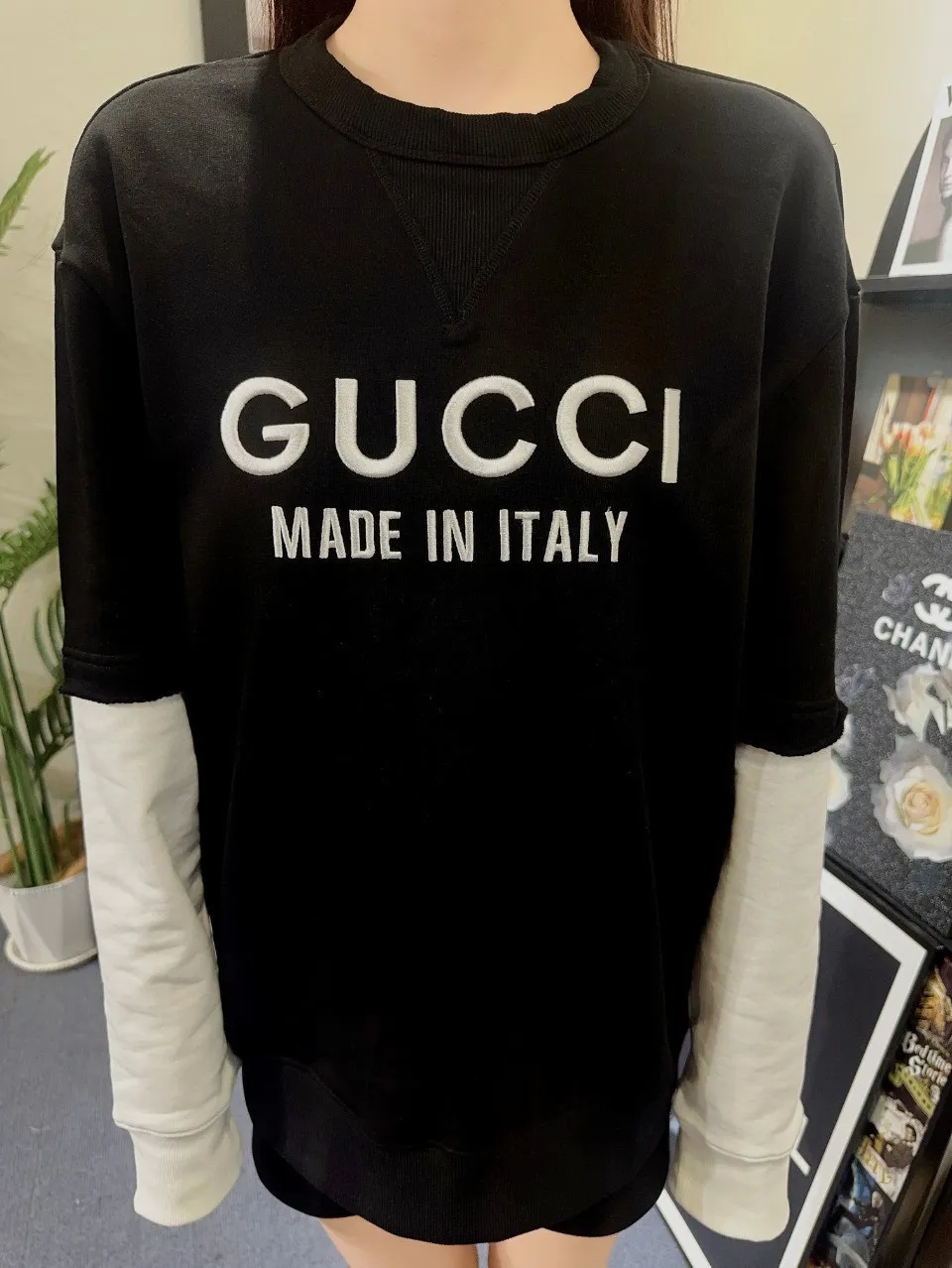Gucci/Gucci 24Fw embroidered letter logo stitching fake two-piece sweatshirt