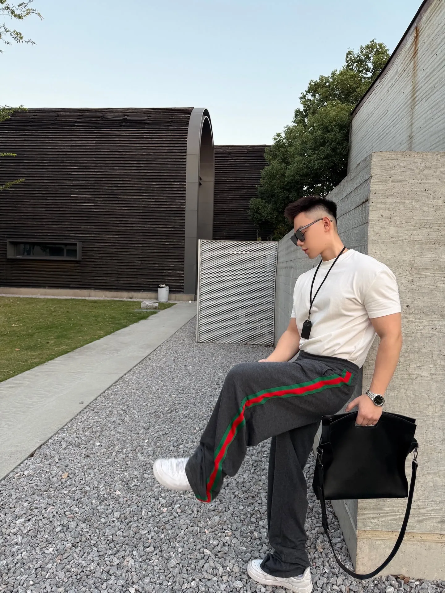 Gucci/Gucci red and green webbing wool suit trousers