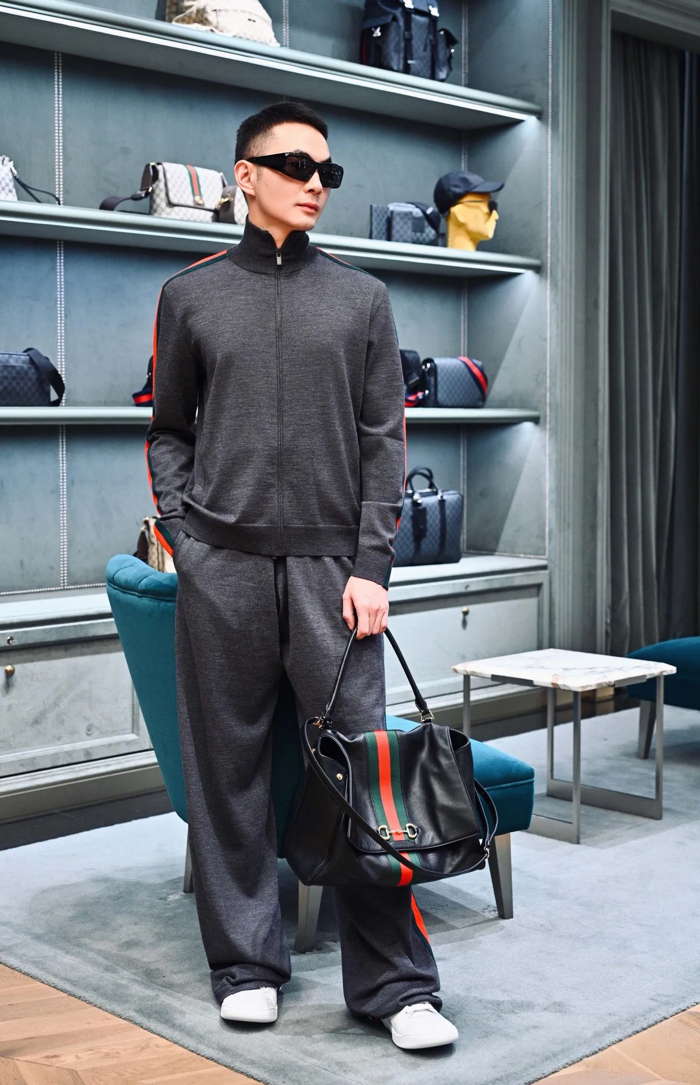 Gucci/Gucci red and green webbing wool suit trousers