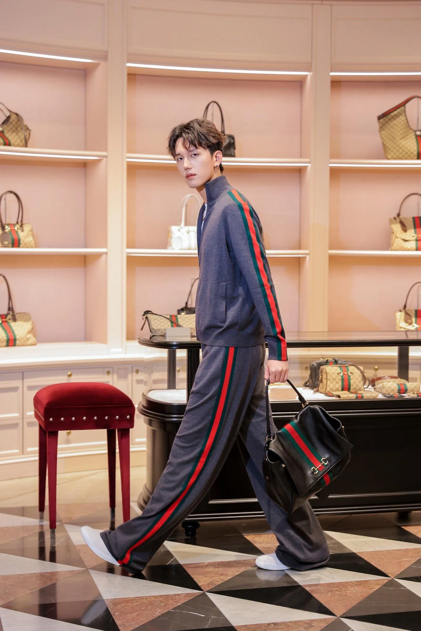Gucci/Gucci red and green webbing wool suit trousers
