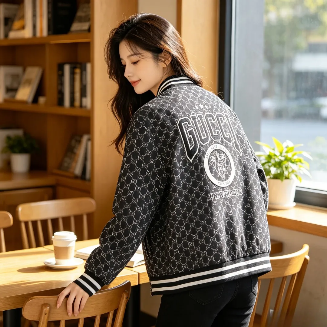 Gucci/Gucci all-over old flower jacquard baseball jacket with embroidered badge on the back