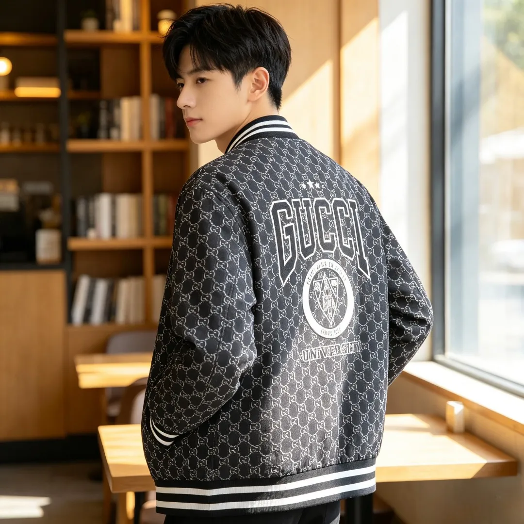 Gucci/Gucci all-over old flower jacquard baseball jacket with embroidered badge on the back