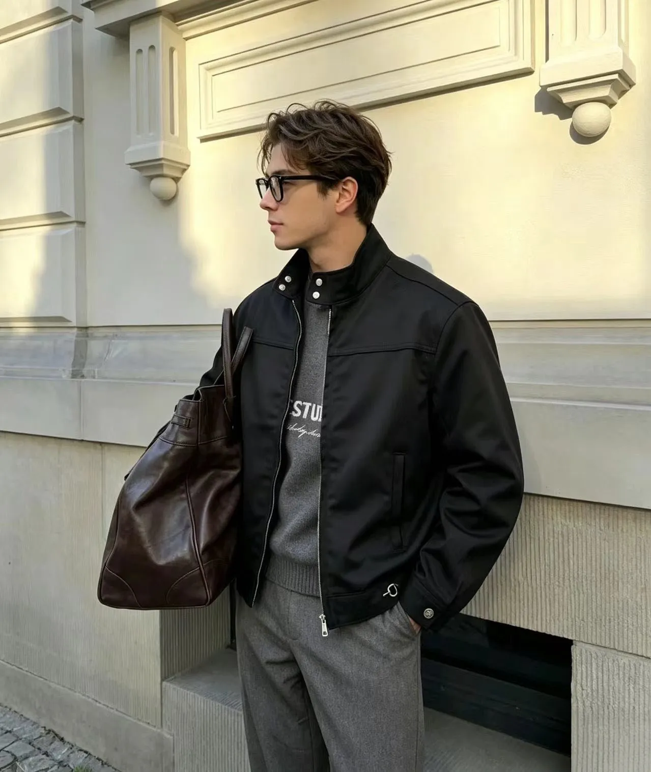 Gucci/Gucci hem lock horseshoe buckle stand collar motorcycle jacket jacket