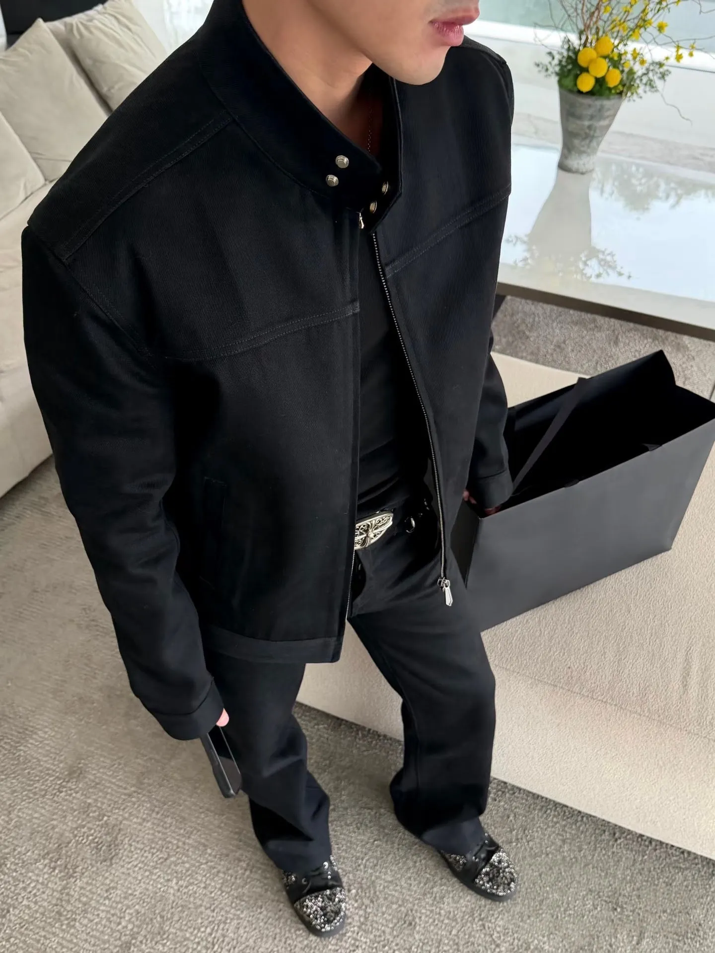 Gucci/Gucci hem lock horseshoe buckle stand collar motorcycle jacket jacket