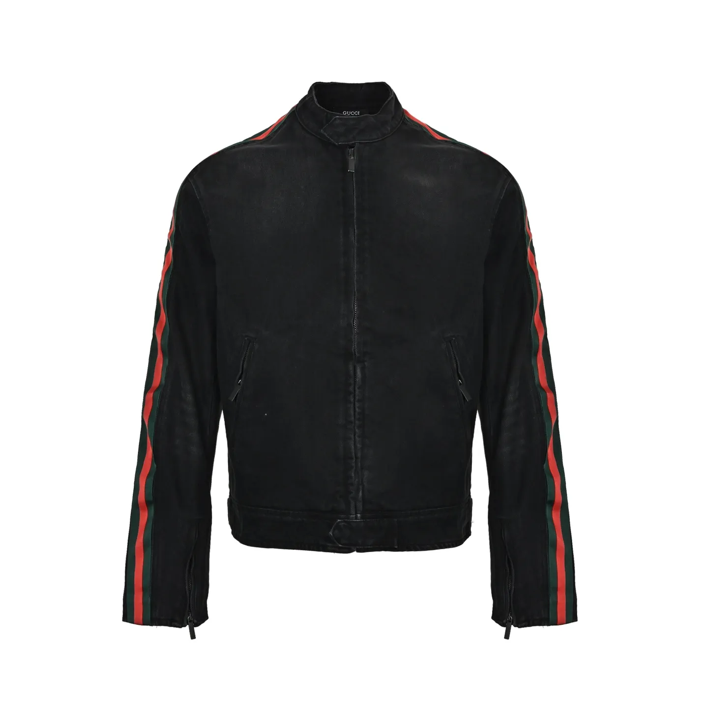 Gucci/Gucci red and green webbing motorcycle denim jacket