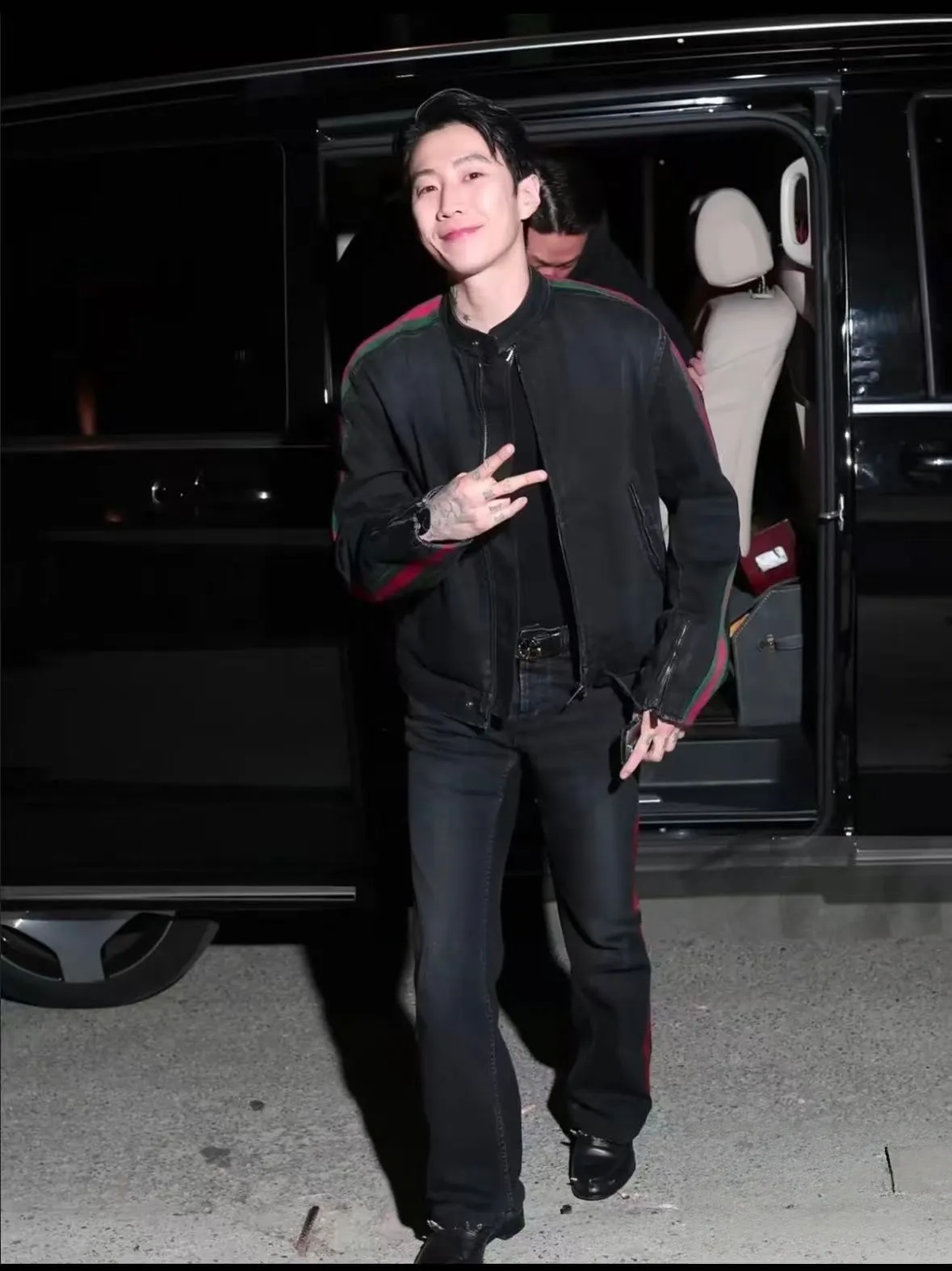 Gucci/Gucci red and green webbing motorcycle denim jacket