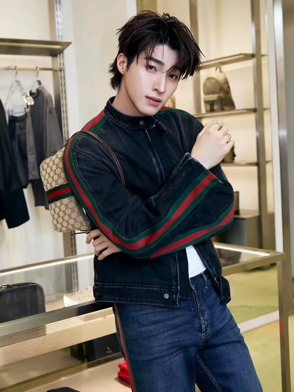 Gucci/Gucci red and green webbing motorcycle denim jacket